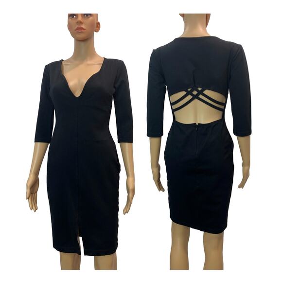 80s Black Cut Out Spandex Dress | Low Cut Tight Fit Classic | M - Picture 1 of 8
